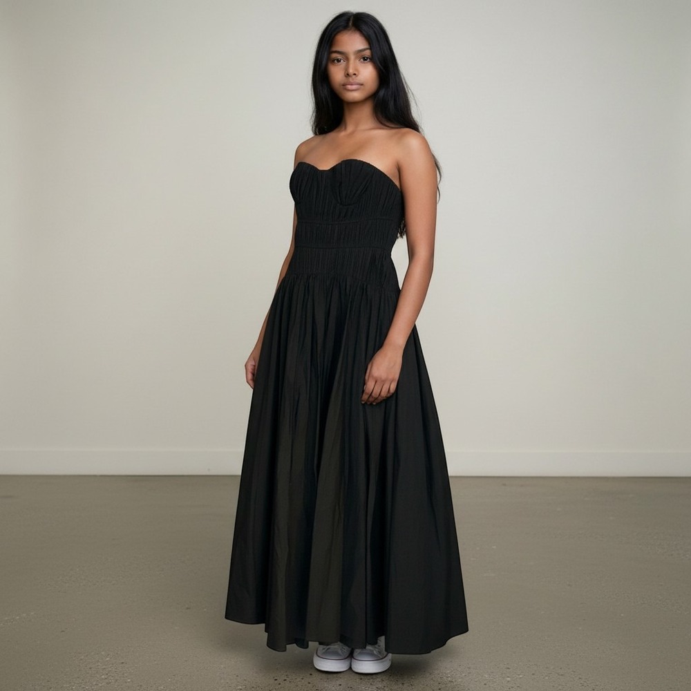 Moon River Black Strapless Pleated‎ Bodice Cotton Maxi Dress Size Small